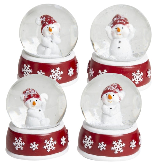 4 Schneekugeln Schneemann mit Sockel rot weiß Schneeflocke B: 65mm - Schneekugelhaus