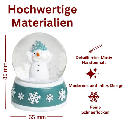 4 Schneekugeln Schneemann mit Sockel türkis weiß Schneeflocke B: 65mm - Schneekugelhaus