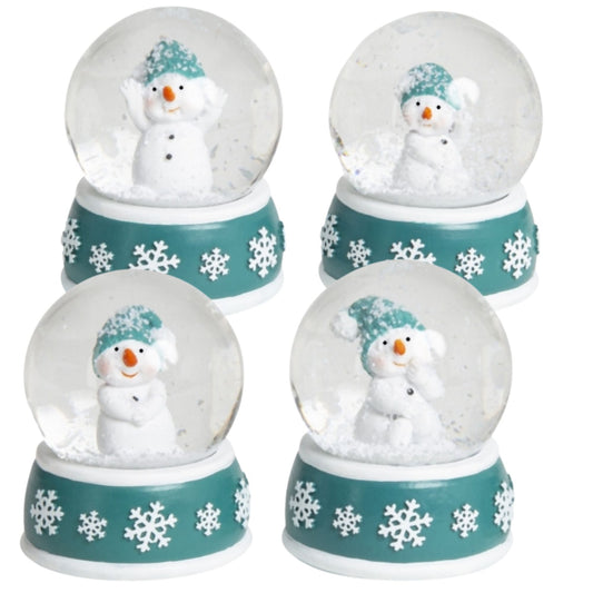 4 Schneekugeln Schneemann mit Sockel türkis weiß Schneeflocke B: 65mm - Schneekugelhaus