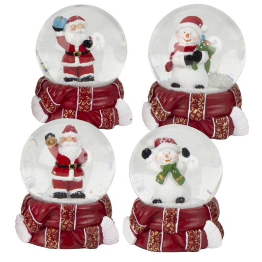 4 Schneekugeln Schneemann Weihnachtsmann mit Sockel rot gold Winterschal B: 65mm - Schneekugelhaus
