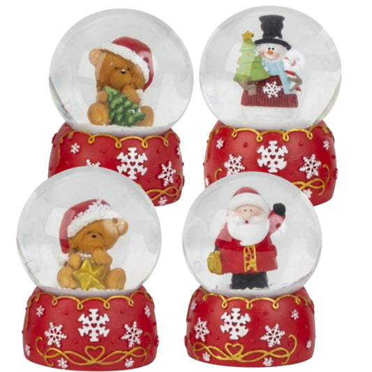 4 Schneekugeln Schneemann Weihnachtsmann mit Sockel rot weiß Schneeflocke B: 65mm - Schneekugelhaus