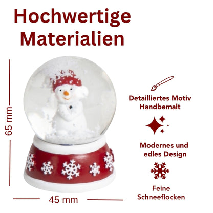 4 süße Mini - Schneekugeln Schneemann mit Sockel rot weiß Schneeflocke B: 45mm - Schneekugelhaus