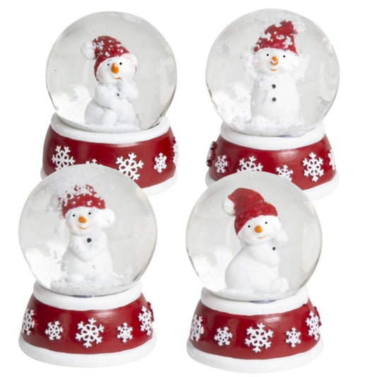 4 süße Mini - Schneekugeln Schneemann mit Sockel rot weiß Schneeflocke B: 45mm - Schneekugelhaus
