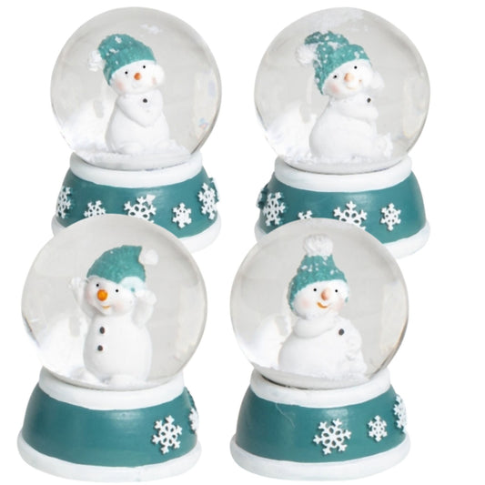 4 süße Mini - Schneekugeln Schneemann mit Sockel türkis weiß Schneeflocke B: 45mm - Schneekugelhaus