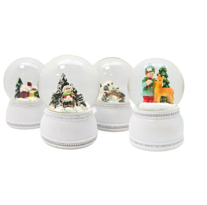 4 süße Mini - Schneekugeln Winter & Weihnacht, Rehkitz mit Sockel weiß Nostalgie B: 45mm - Schneekugelhaus
