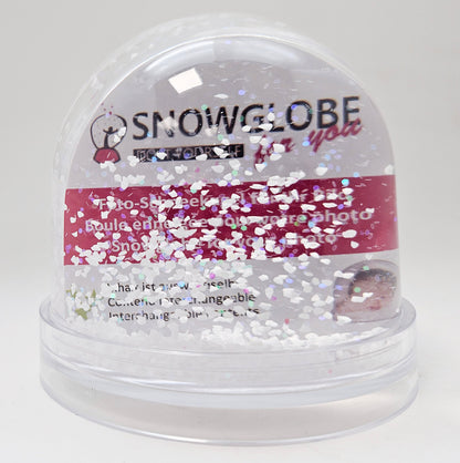 Foto-Schneekugel groß mit transparentem Sockel und Schnee und Glitzer