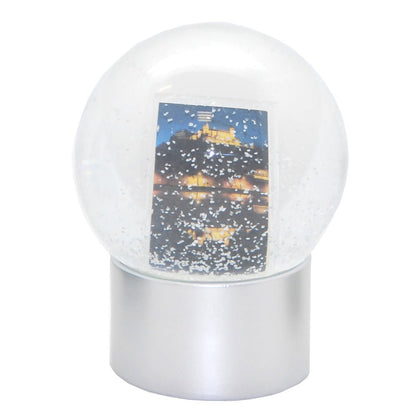 Bastelset mit 100mm Glas für DIY-Schneekugel mit Fotoeinsatz mit Polyresin-Sockel silber rund - Schneekugelhaus