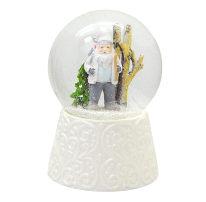 Edle Schneekugel Santa weiß auf weißem Porzellansockel 100 mm Durchmesser mit Spieluhr - Schneekugelhaus