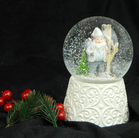 Edle Schneekugel Santa weiß auf weißem Porzellansockel 100 mm Durchmesser mit Spieluhr - Schneekugelhaus