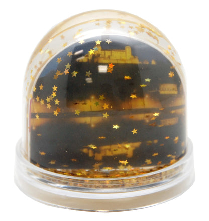 Foto-Schneekugel groß mit transparentem Sockel - goldene Sterne - Schneekugelhaus