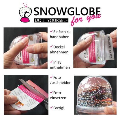 Foto-Schneekugel groß mit transparentem Sockel - goldene Sterne - Schneekugelhaus