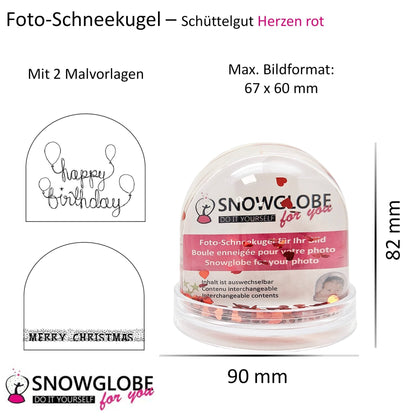 Foto-Schneekugel groß mit transparentem Sockel - rote Herzen - Schneekugelhaus