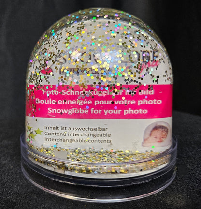 Foto-Schneekugel groß mit transparentem Sockel - silber gold Glitzer - Schneekugelhaus