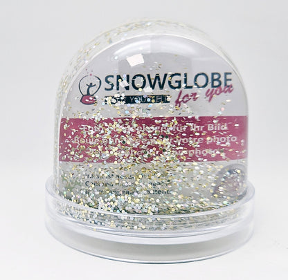Foto-Schneekugel groß mit transparentem Sockel - silber gold Glitzer - Schneekugelhaus