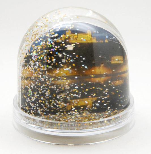 Foto-Schneekugel groß mit transparentem Sockel - silber gold Glitzer - Schneekugelhaus