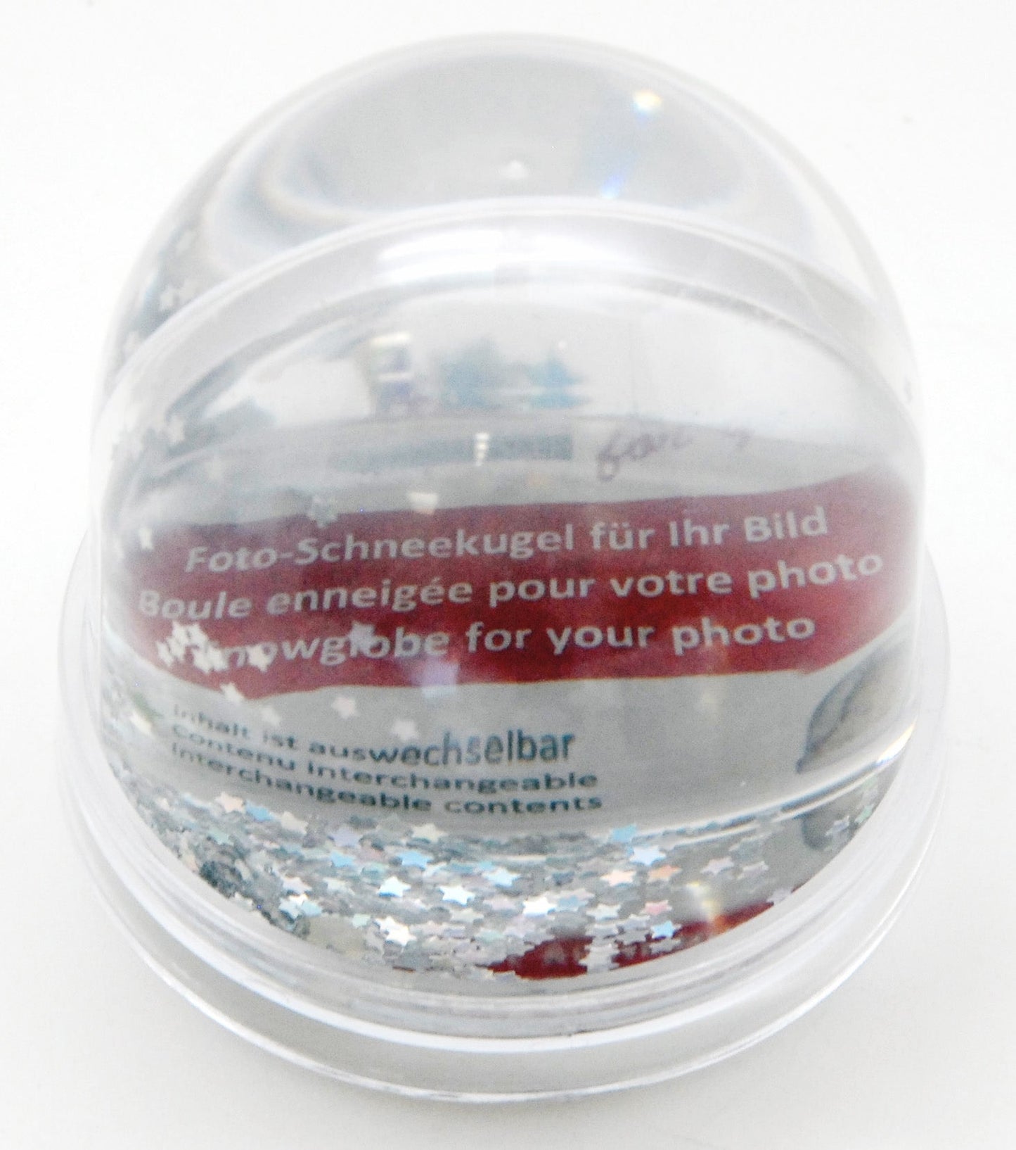 Foto-Schneekugel groß mit transparentem Sockel - silber Sterne - Schneekugelhaus