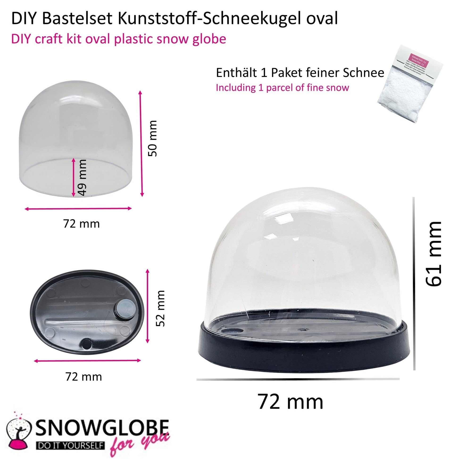 Kunststoff - Schneekugel oval schwarz für FIMO 72 x 61 mm - incl. 1 x Schnee - Schneekugelhaus
