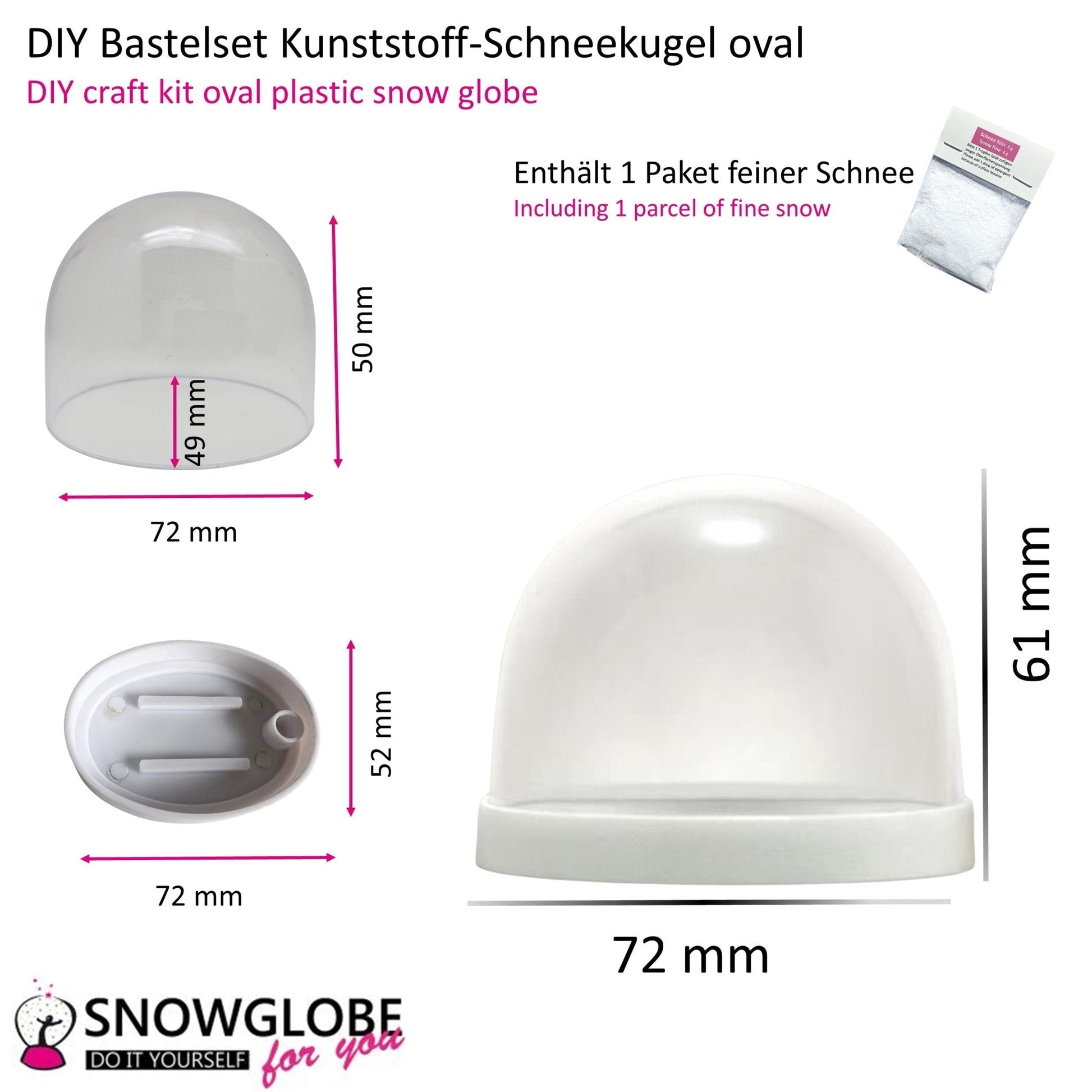 Kunststoff - Schneekugel oval weiß für FIMO 72 x 61 mm - incl. 1 x Schnee - Schneekugelhaus