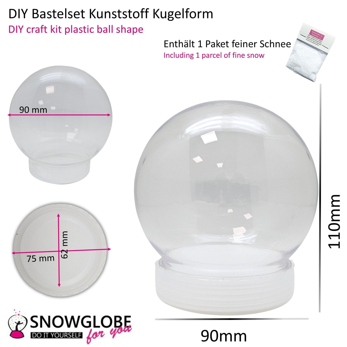 Kunststoff - Schneekugel rund Schraubverschluss 90 x 110 mm - incl. 1 x Schnee - Schneekugelhaus
