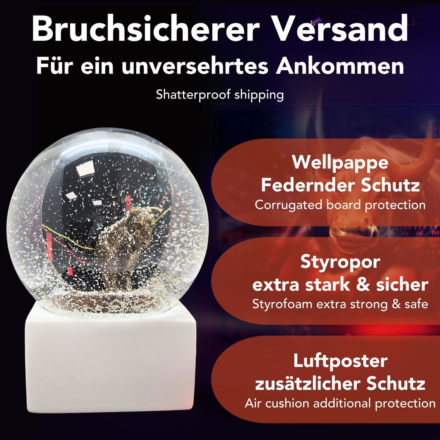Moderne Designer Schneekugel Börse Bulle & Bär auf Sockel weiß eck 100 mm Durchmesser - Schneekugelhaus