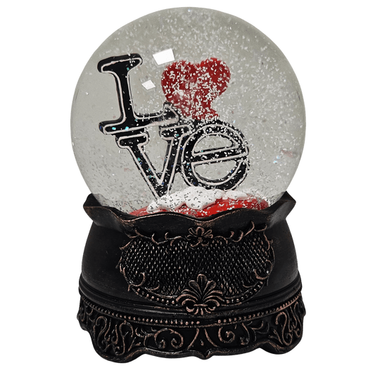 Moderne Designer Schneekugel LOVE auf Sockel Nostalgie mit Spieluhr 100 mm Durchmesser - Schneekugelhaus