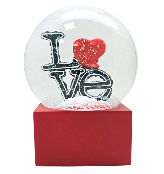 Moderne Designer Schneekugel LOVE auf Sockel rot eck 100 mm Durchmesser - Schneekugelhaus