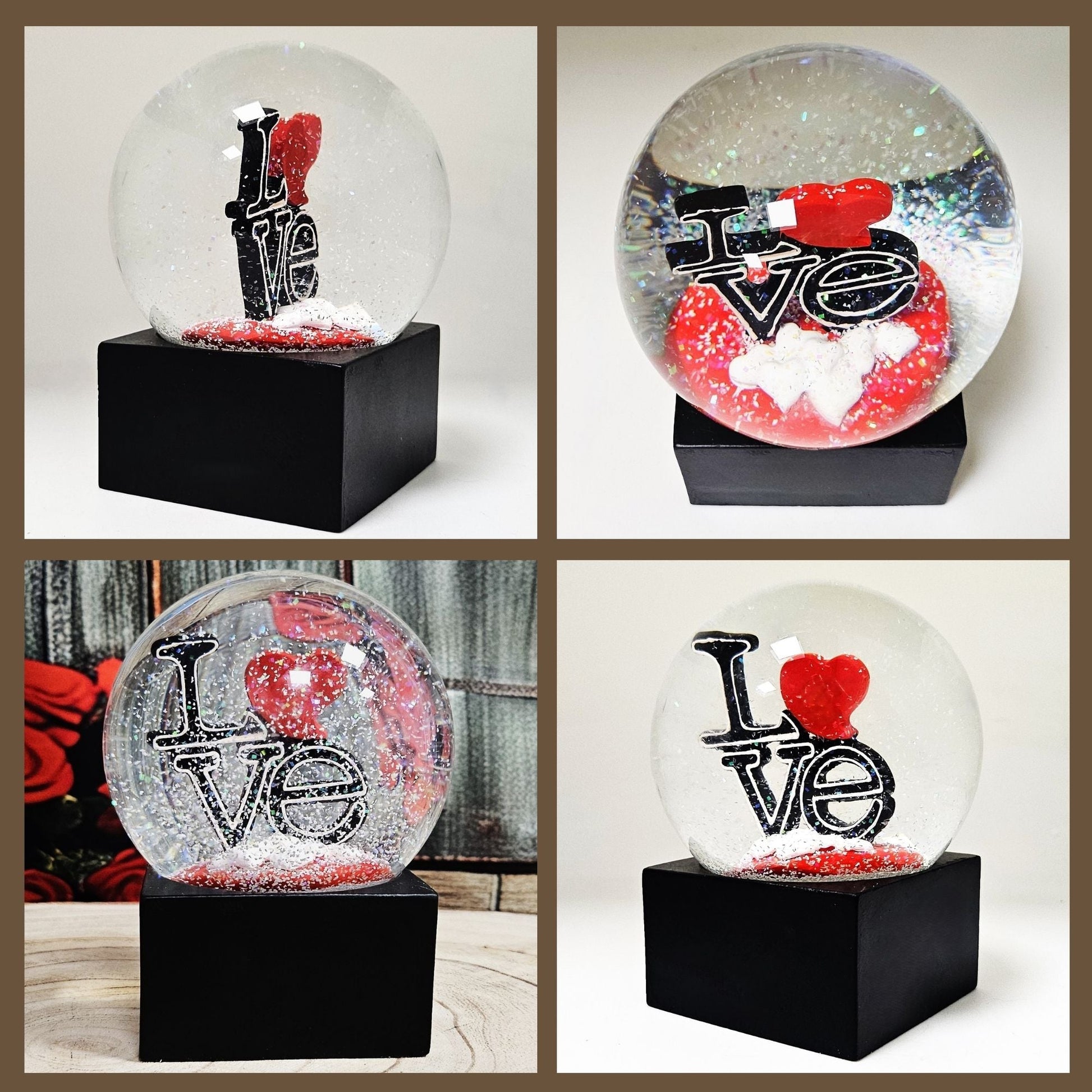 Moderne Designer Schneekugel LOVE auf Sockel schwarz eck 100 mm Durchmesser - Schneekugelhaus