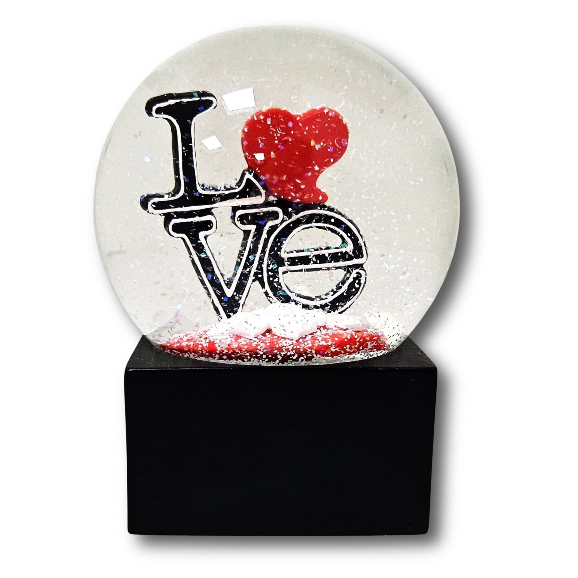 Moderne Designer Schneekugel LOVE auf Sockel schwarz eck 100 mm Durchmesser - Schneekugelhaus