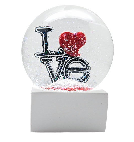 Moderne Designer Schneekugel LOVE auf Sockel weiß eck 100 mm Durchmesser - Schneekugelhaus