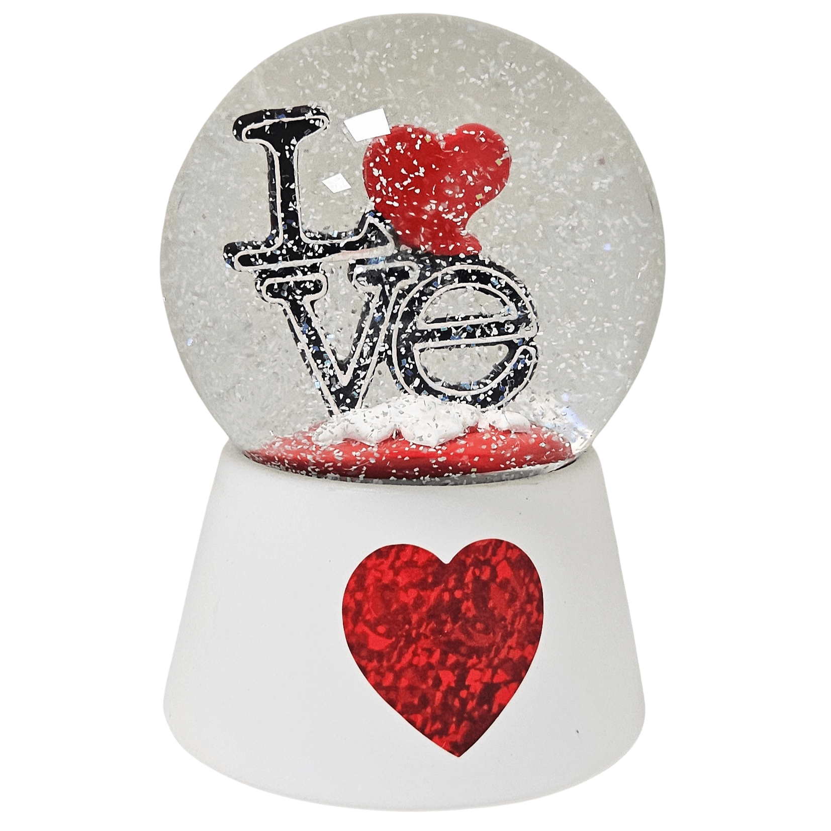 Moderne Designer Schneekugel LOVE auf Sockel weiß rotes Herz mit Spieluhr 100 mm Durchmesser - Schneekugelhaus