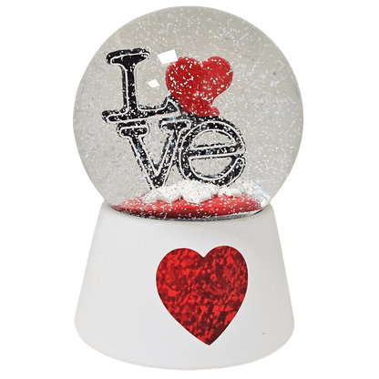Moderne Designer Schneekugel LOVE auf Sockel weiß rotes Herz mit Spieluhr 100 mm Durchmesser - Schneekugelhaus