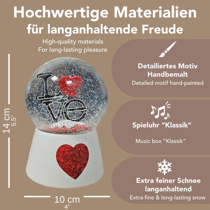 Moderne Designer Schneekugel LOVE auf Sockel weiß rotes Herz mit Spieluhr 100 mm Durchmesser - Schneekugelhaus