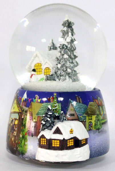 Nostalgie-Schneekugel mit Schneemann vor Hütte mit Snowmotion, LED und Spieluhr - Schneekugelhaus