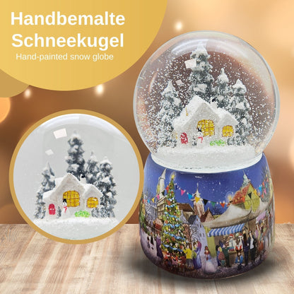 Nostalgie - Schneekugel mit Schneemann vor Hütte mit Spieluhr - 100mm Durchmesser - Schneekugelhaus