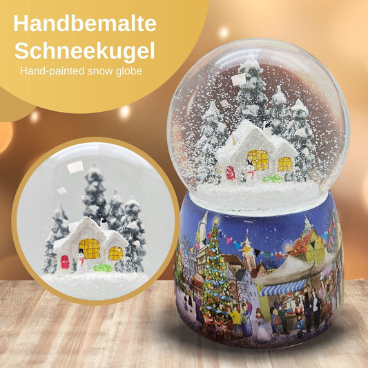 Nostalgie - Schneekugel mit Schneemann vor Hütte mit Spieluhr - 100mm Durchmesser - Schneekugelhaus