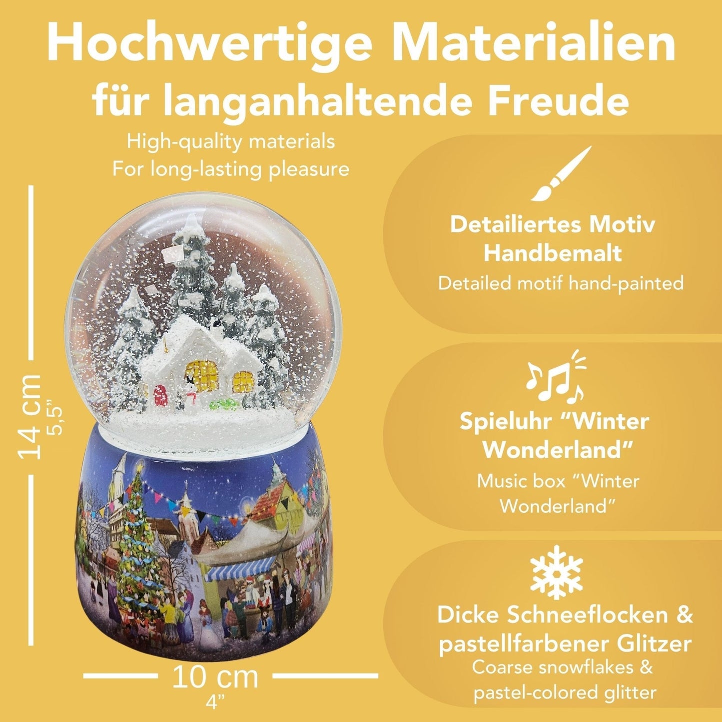 Nostalgie - Schneekugel mit Schneemann vor Hütte mit Spieluhr - 100mm Durchmesser - Schneekugelhaus