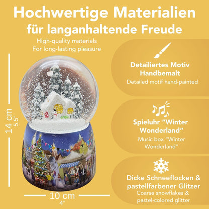 Nostalgie - Schneekugel mit Schneemann vor Hütte mit Spieluhr - 100mm Durchmesser - Schneekugelhaus