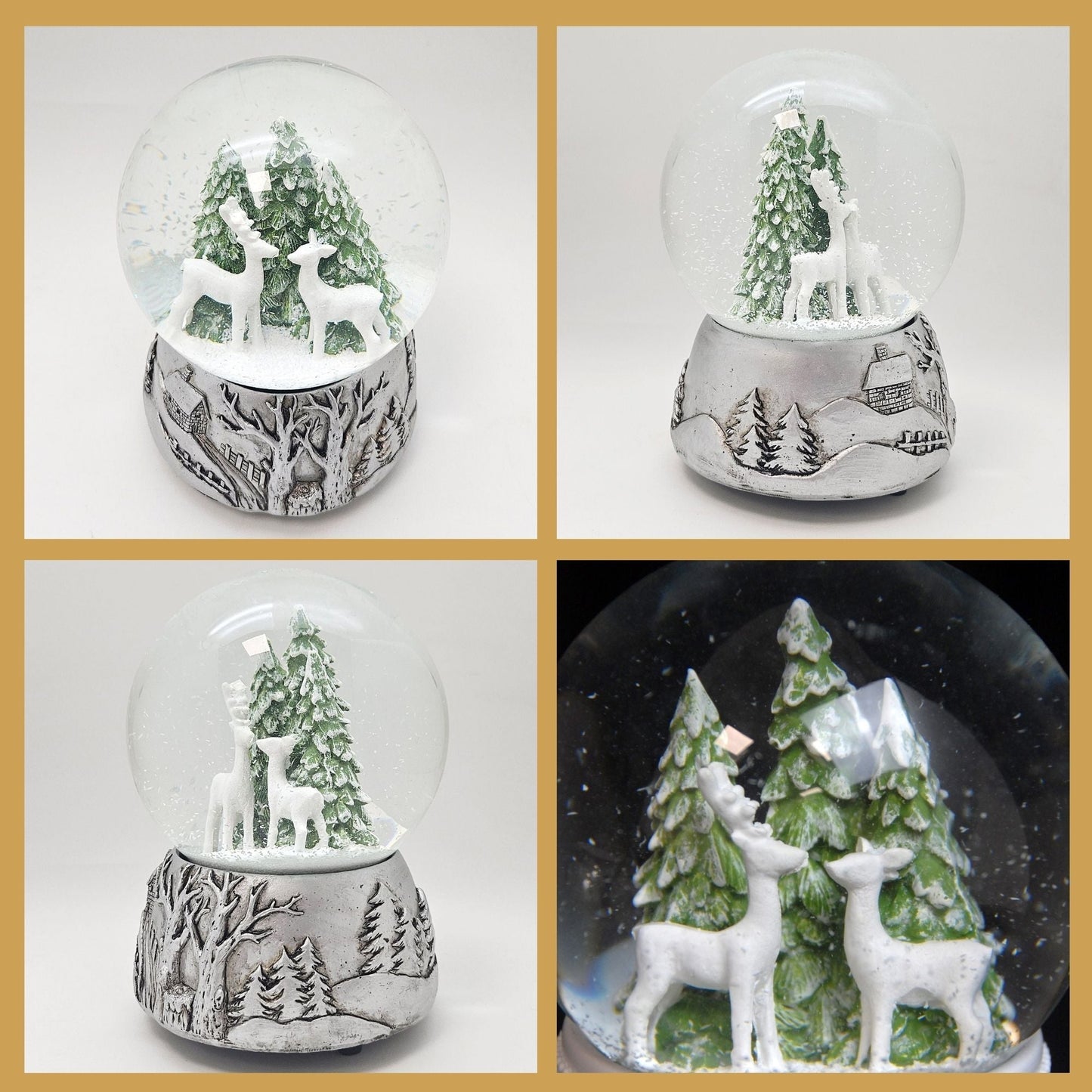 Nostalgische Schneekugel 2 Rehe auf Silber Landschaft 100 mm Durchmesser mit Spieluhr - Schneekugelhaus