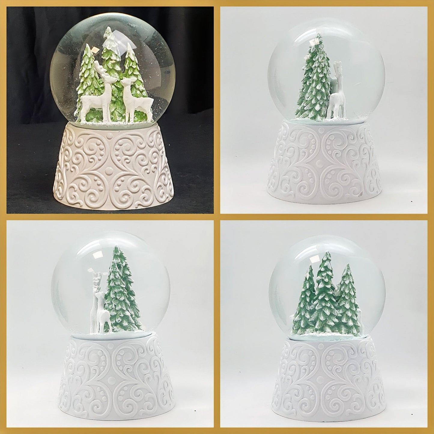 Nostalgische Schneekugel 2 Rehe auf Sockel weiß Ornamente 100 mm Durchmesser mit Spieluhr - Schneekugelhaus