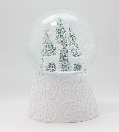 Nostalgische Schneekugel 2 Rehe auf Sockel weiß Ornamente 100 mm Durchmesser mit Spieluhr - Schneekugelhaus