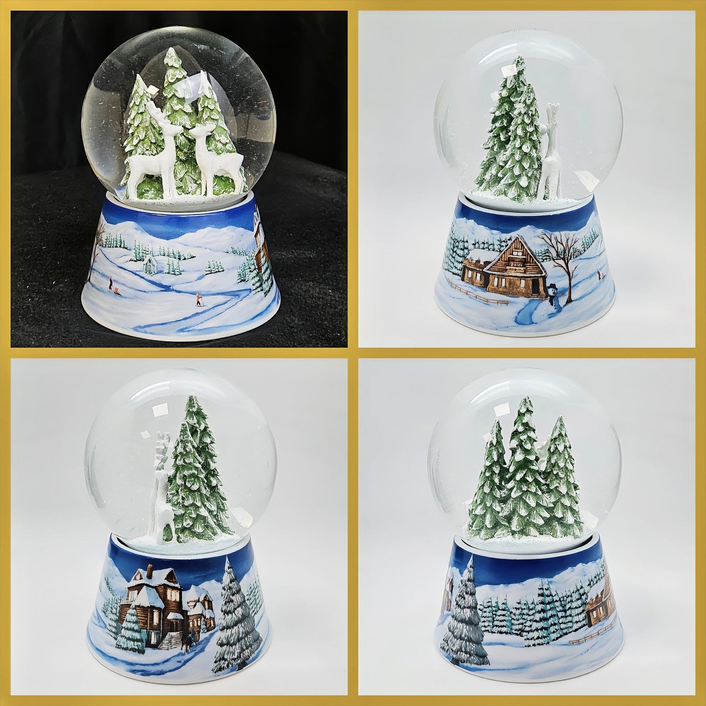 Nostalgische Schneekugel 2 Rehe auf Sockel Winterlandschaft mittelblau 100 mm Durchmesser mit Spieluhr - Schneekugelhaus