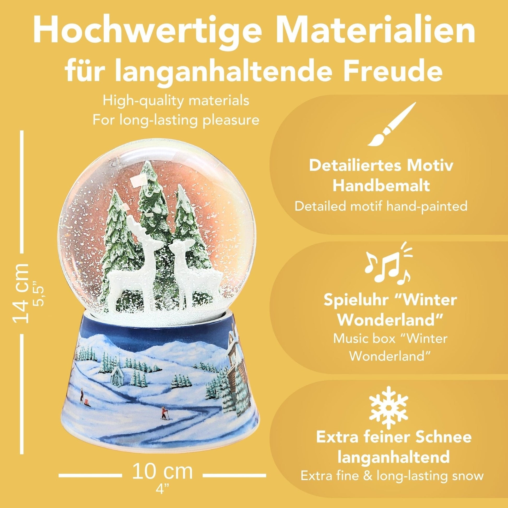 Nostalgische Schneekugel 2 Rehe auf Sockel Winterlandschaft mittelblau 100 mm Durchmesser mit Spieluhr - Schneekugelhaus