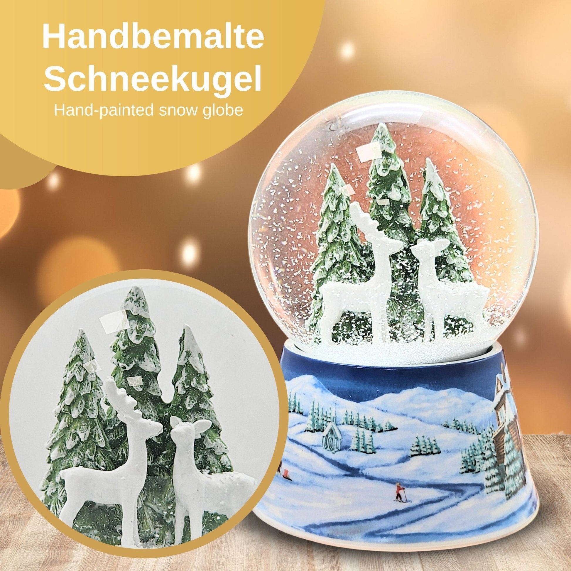 Nostalgische Schneekugel 2 Rehe auf Sockel Winterlandschaft mittelblau 100 mm Durchmesser mit Spieluhr - Schneekugelhaus