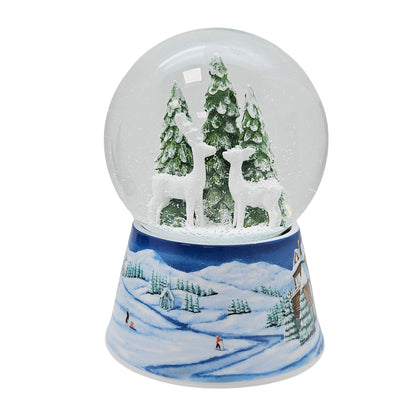 Nostalgische Schneekugel 2 Rehe auf Sockel Winterlandschaft mittelblau 100 mm Durchmesser mit Spieluhr - Schneekugelhaus