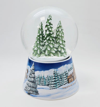 Nostalgische Schneekugel 2 Rehe auf Sockel Winterlandschaft mittelblau 100 mm Durchmesser mit Spieluhr - Schneekugelhaus