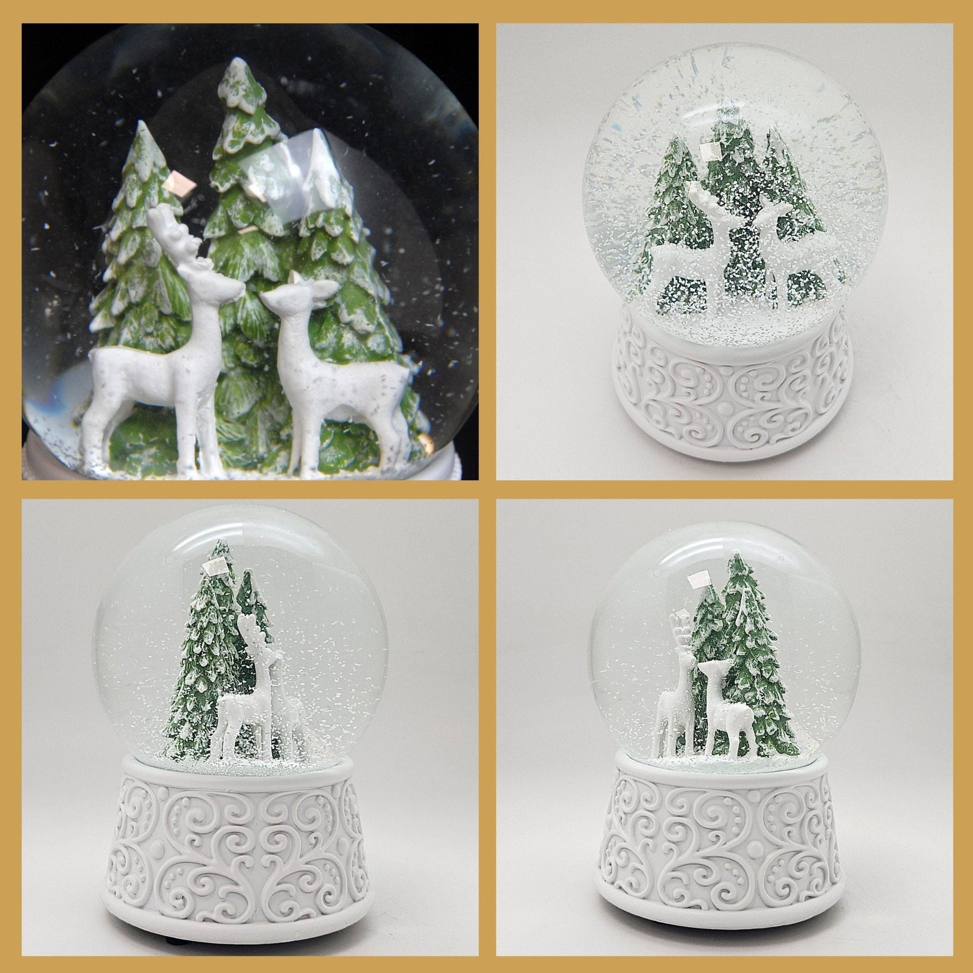 Nostalgische Schneekugel 2 Rehe Hüttenzauber 100 mm Durchmesser mit Spieluhr - Schneekugelhaus