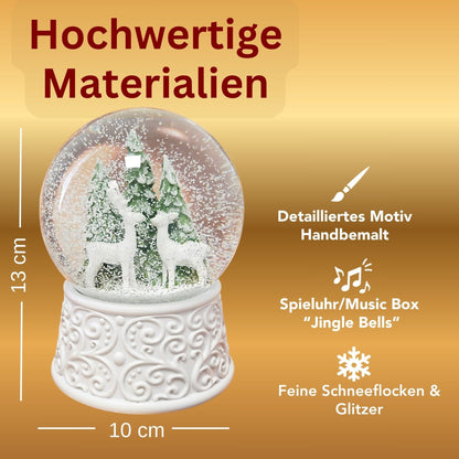 Nostalgische Schneekugel 2 Rehe Hüttenzauber 100 mm Durchmesser mit Spieluhr - Schneekugelhaus