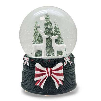 Nostalgische Schneekugel 2 Rehe Weihnachtsdekor grün 100 mm Durchmesser mit Spieluhr - Schneekugelhaus