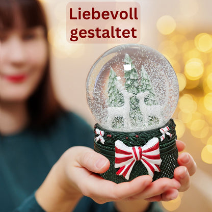Nostalgische Schneekugel 2 Rehe Weihnachtsdekor grün 100 mm Durchmesser mit Spieluhr - Schneekugelhaus