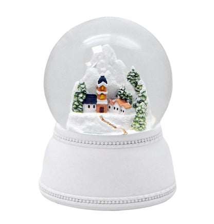 Nostalgische Schneekugel Alpendorf auf Sockel weiß Nostalgie 100 mm Durchmesser mit Spieluhr - Schneekugelhaus
